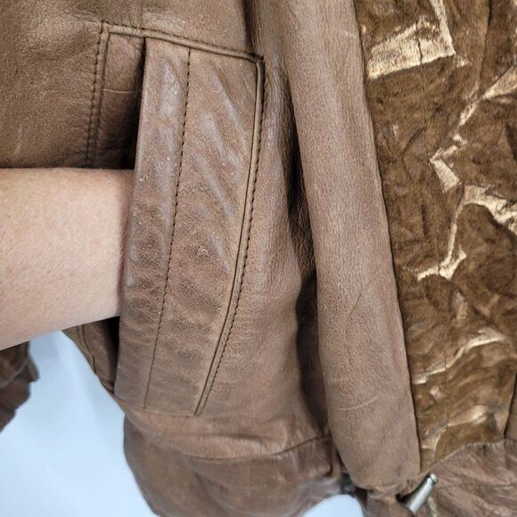 Vintage Alamo Uomo Leather Bomber Jacket L Cognac Crinkle Gold Dolman Cinched - Picture 6 of 15
